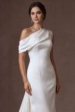 Satin White Sheath Ruffled One Shoulder Ruched Long Wedding Dress with Cape