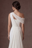 Satin White Sheath Ruffled One Shoulder Ruched Long Wedding Dress with Cape