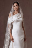 Satin White Sheath Ruffled One Shoulder Ruched Long Wedding Dress with Cape