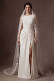 White A Line Round Neck Ruched Satin Long Wedding Dress with Slit