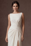 White A Line Round Neck Ruched Satin Long Wedding Dress with Slit