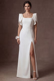 White Satin Sheath Square Neck Short Sleeves Long Bridal Dress with Slit