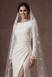 Beaded White Mermaid Ruched Round Neck Long Wedding Dress with Slit