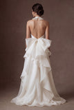Ruffled White Halter Neck A Line Backless Long Wedding Dress