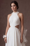 Ruffled White Halter Neck A Line Backless Long Wedding Dress