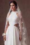 Ruffled White Halter Neck A Line Backless Long Wedding Dress