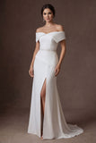 Off the Shoulder Satin White Beaded A Line Long Wedding Dress with Slit
