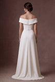 Off the Shoulder Satin White Beaded A Line Long Wedding Dress with Slit
