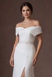 Off the Shoulder Satin White Beaded A Line Long Wedding Dress with Slit