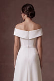 Off the Shoulder Satin White Beaded A Line Long Wedding Dress with Slit
