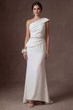 Sheath White One Shoulder Satin Sleeveless Long Wedding Dress