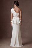 Sheath White One Shoulder Satin Sleeveless Long Wedding Dress