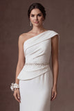 Sheath White One Shoulder Satin Sleeveless Long Wedding Dress