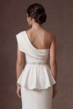 Sheath White One Shoulder Satin Sleeveless Long Wedding Dress