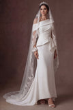 Mermaid White One Shoulder Satin Sleeveless Long Bridal Dress with Cape