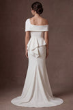 Mermaid White One Shoulder Satin Sleeveless Long Bridal Dress with Cape