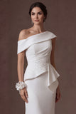 Mermaid White One Shoulder Satin Sleeveless Long Bridal Dress with Cape