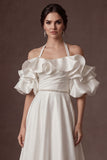 Halter Neck Ruffled A Line White Satin Long Wedding Dress