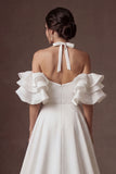 Halter Neck Ruffled A Line White Satin Long Wedding Dress