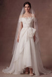 A Line Ruffled Strapless Backless Cold Shoulder Long Wedding Dress