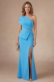 Sky Blue Beaded Sheath Satin One Shoulder Ruched Long Mother of the Bride Dress with Slit