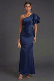 Navy One Shoulder Mermaid Long Formal Dress with Ruffles