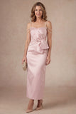 Cold Shoulder Blush Sheath Satin Midi Mother of the Bride Dress