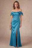 Off the Shoulder Peacock Green Beaded Long Mother of the Bride Dress with Slit