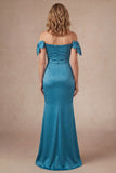 Off the Shoulder Peacock Green Beaded Long Mother of the Bride Dress with Slit