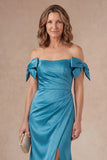 Off the Shoulder Peacock Green Beaded Long Mother of the Bride Dress with Slit