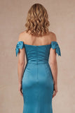 Off the Shoulder Peacock Green Beaded Long Mother of the Bride Dress with Slit