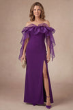 Purple Ruffled Off the Shoulder Sheath Long Mother of the Bride Dress