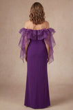 Purple Ruffled Off the Shoulder Sheath Long Mother of the Bride Dress