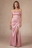 Ruched Pink Off the Shoulder Satin Long Mother of the Bride Dress with Slit