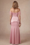 Ruched Pink Off the Shoulder Satin Long Mother of the Bride Dress with Slit