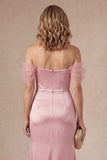 Ruched Pink Off the Shoulder Satin Long Mother of the Bride Dress with Slit