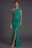 Long Dark Green Mermaid One Shoulder Formal Dress with Slit