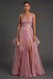 Pink A Line Tulle Ruffles Long Scoop Neck Formal Dress with Slit