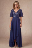 Navy Floral A Line V Neck Short Sleeves High Low Mother of the Bride Dress