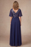 Navy Floral A Line V Neck Short Sleeves High Low Mother of the Bride Dress