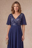 Navy Floral A Line V Neck Short Sleeves High Low Mother of the Bride Dress
