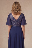 Navy Floral A Line V Neck Short Sleeves High Low Mother of the Bride Dress