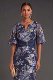 Navy Floral Sheath Appliqued V Neck Short Sleeves Long Formal Dress