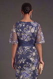 Navy Floral Sheath Appliqued V Neck Short Sleeves Long Formal Dress
