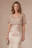 Sparkly Beaded Champagne Mermaid Ruched Satin Long Mother of the Bride Dress
