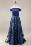 Navy A Line Floral Off the Shoulder Appliqued Satin Long Formal Dress
