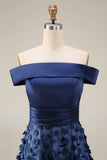 Navy A Line Floral Off the Shoulder Appliqued Satin Long Formal Dress