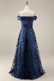Navy A Line Floral Off the Shoulder Appliqued Satin Long Formal Dress