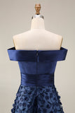 Navy A Line Floral Off the Shoulder Appliqued Satin Long Formal Dress