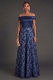 Navy A Line Floral Off the Shoulder Appliqued Satin Long Formal Dress